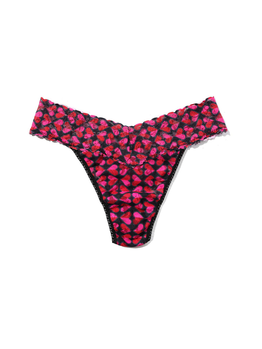 Signature Lace® Original Rise Thong Love Check Baby Black heart print - Flat Lay Front | Hanky Panky