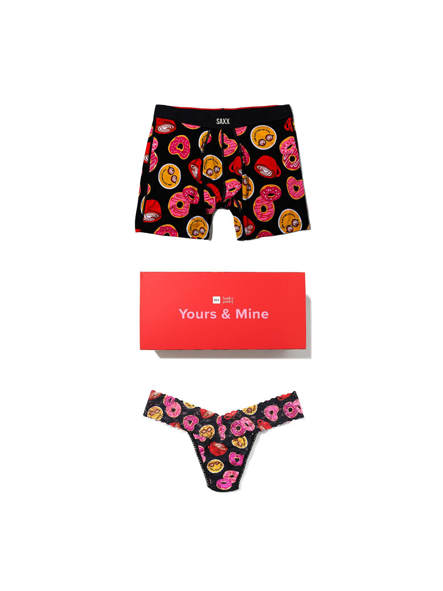 Hanky Panky x SAXX Lovestory Black Matching Couples Underwear Set - Flat Lay with Gift Box | Hanky Panky