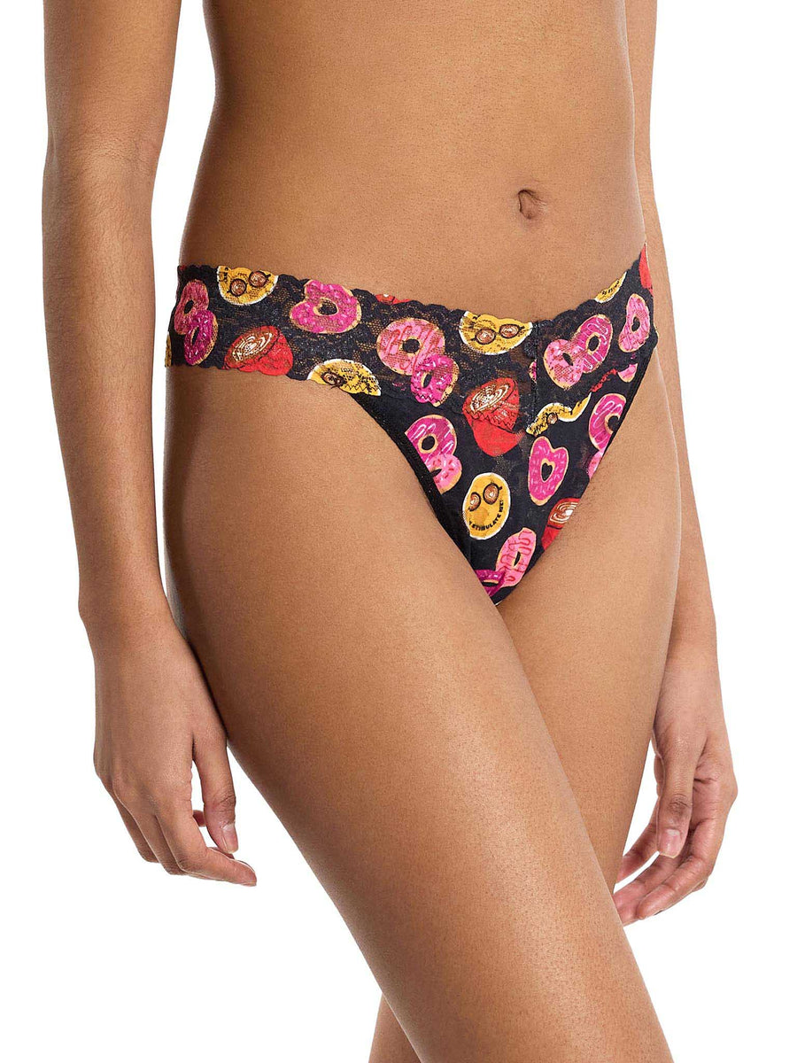 Signature Lace® Original Rise Thong Lovestory Black Donut Print - On Model Side View | Hanky Panky