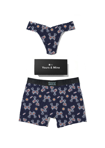 Navy Neon Buzz Print Lace Thong & SAXX Boxer Brief Matching Set - Flat Lay | Hanky Panky