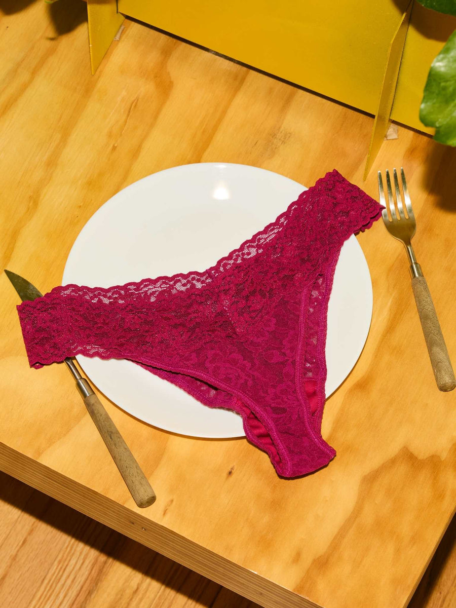 Dark Pomegranate Red Signature Lace Low Rise Thong - Flat Lay on Plate, Styled Shot | Hanky Panky