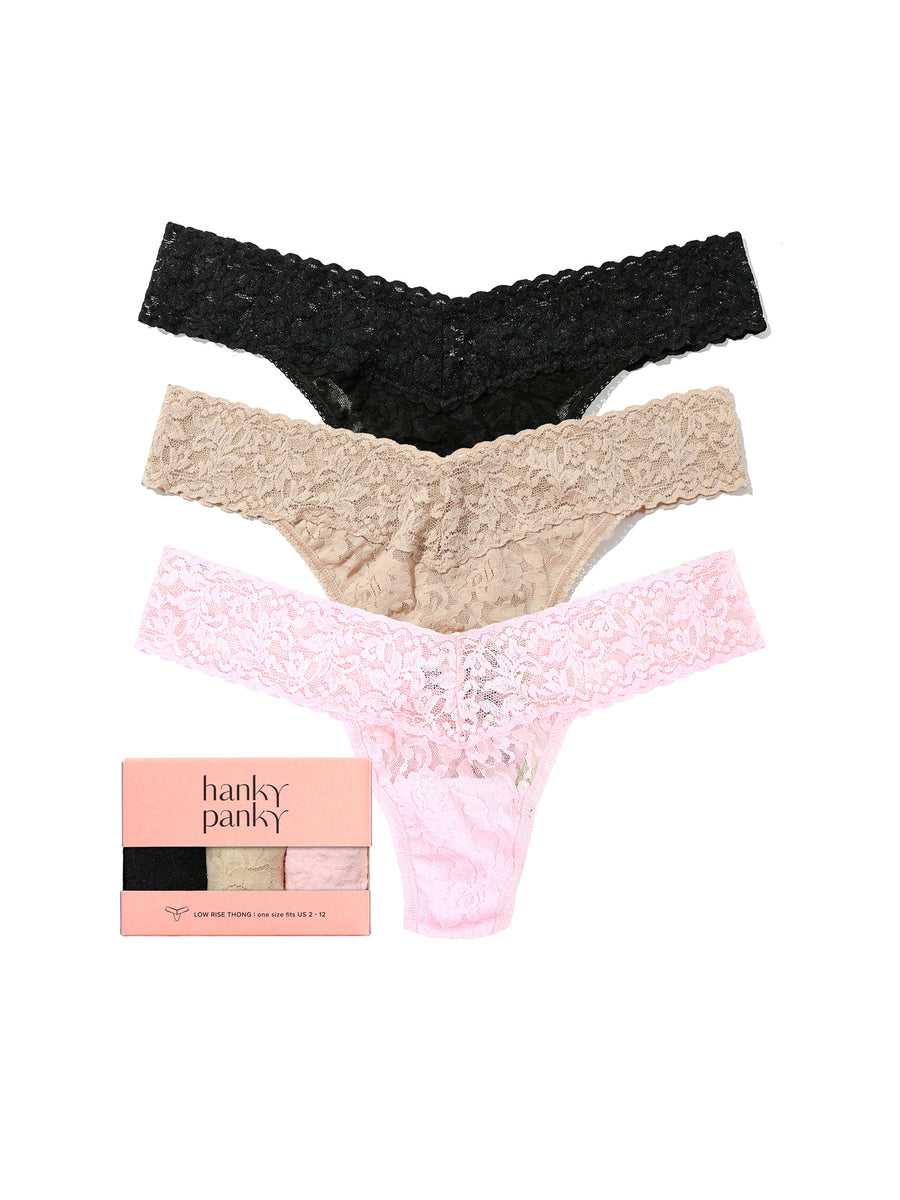 3 Pack Signature Lace® Low Rise Thongs in Black, Chai & Bliss Pink - Flat Lay with Gift Box | Hanky Panky