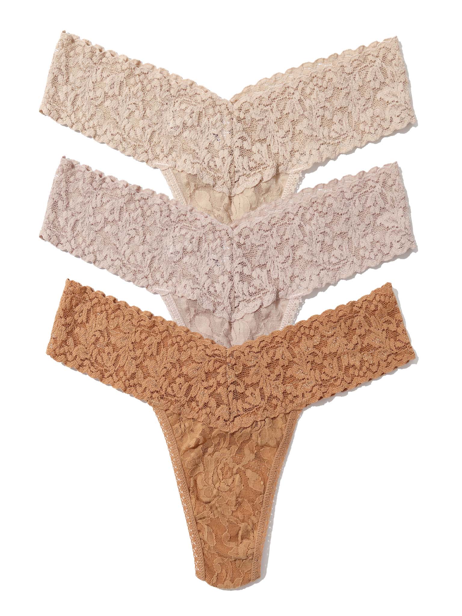 3 Pack Signature Lace® Low Rise Thongs Chai/Taupe/Suntan