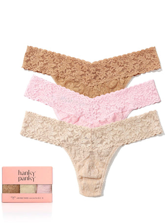 Suntan, Blushing Rose & Chai Signature Lace® Low Rise Thong 3-Pack - Flat Lay with Gift Box | Hanky Panky