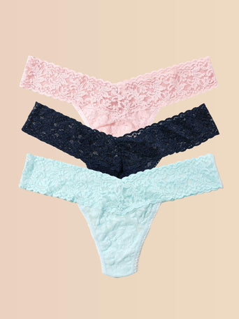 Blushing Rose, Navy & Celeste Signature Lace® Low Rise Thong 3-Pack - Flat Lay | Hanky Panky