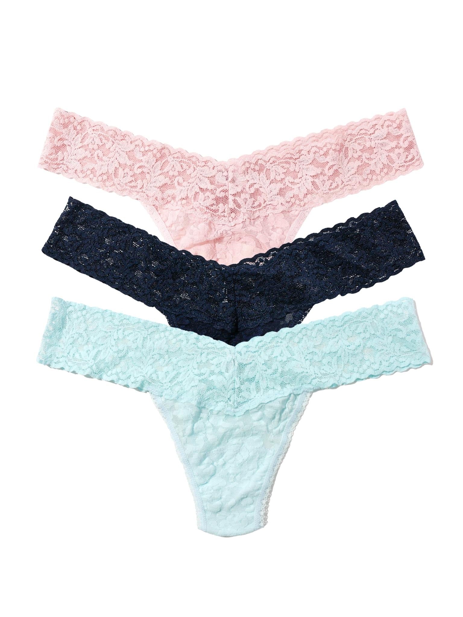 Blushing Rose, Navy & Celeste Signature Lace® Low Rise Thong 3-Pack - White Background Flat Lay | Hanky Panky