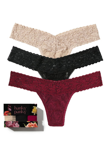 Chai Black Dark Pomegranate Signature Lace® Low Rise Thong 3-Pack - Flat Lay with Gift Box | Hanky Panky