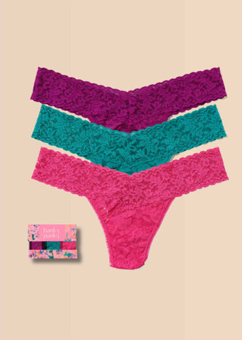 Boysenberry, Dark Teal & Dragon Fruit Signature Lace® Low Rise Thong 3-Pack with Gift Box - Flat Lay | Hanky Panky