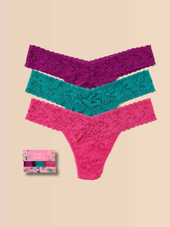 Purple, Teal & Pink Signature Lace® Low Rise Thong 3-Pack with Gift Box - Flat Lay | Hanky Panky