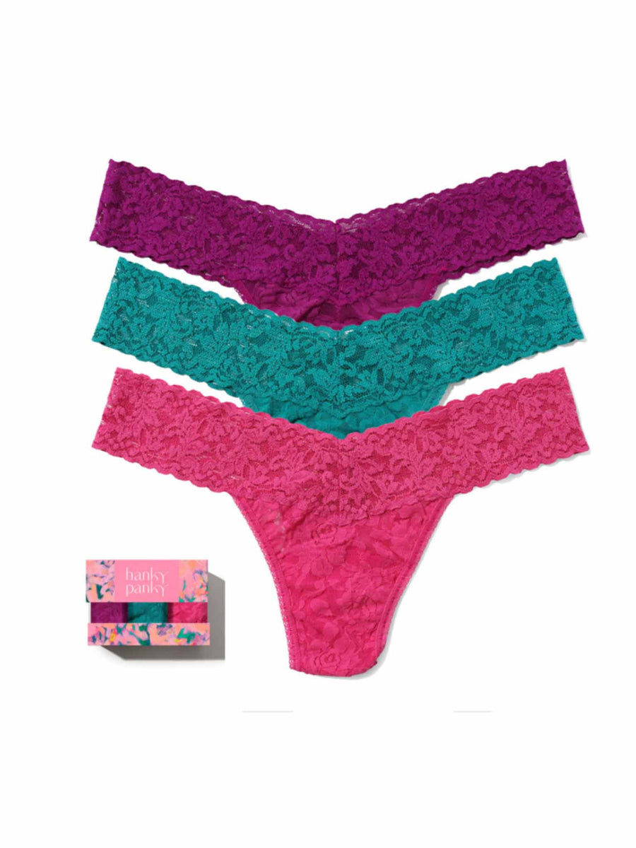 Boysenberry, Dark Teal & Dragon Fruit Signature Lace® Low Rise Thongs 3-Pack - Flat Lay | Hanky Panky