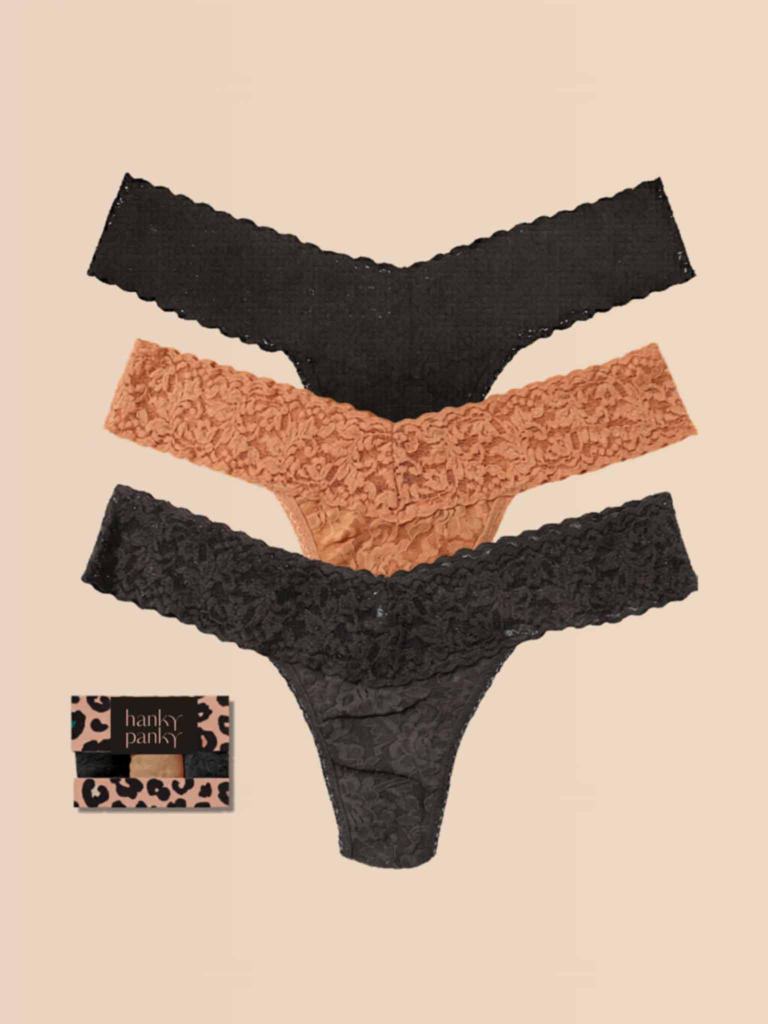 Black, Sun Tan & Granite Signature Lace® Low Rise Thong 3-Pack - Flat Lay with Cheetah Gift Box | Hanky Panky