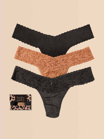 Black, Sun Tan & Granite Signature Lace® Low Rise Thong 3-Pack - Flat Lay with Cheetah Gift Box | Hanky Panky