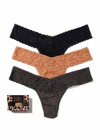 Signature Lace® Low Rise Thongs 3-Pack in Black, Sun Tan & Granite - Flat Lay with Leopard Print Gift Box | Hanky Panky