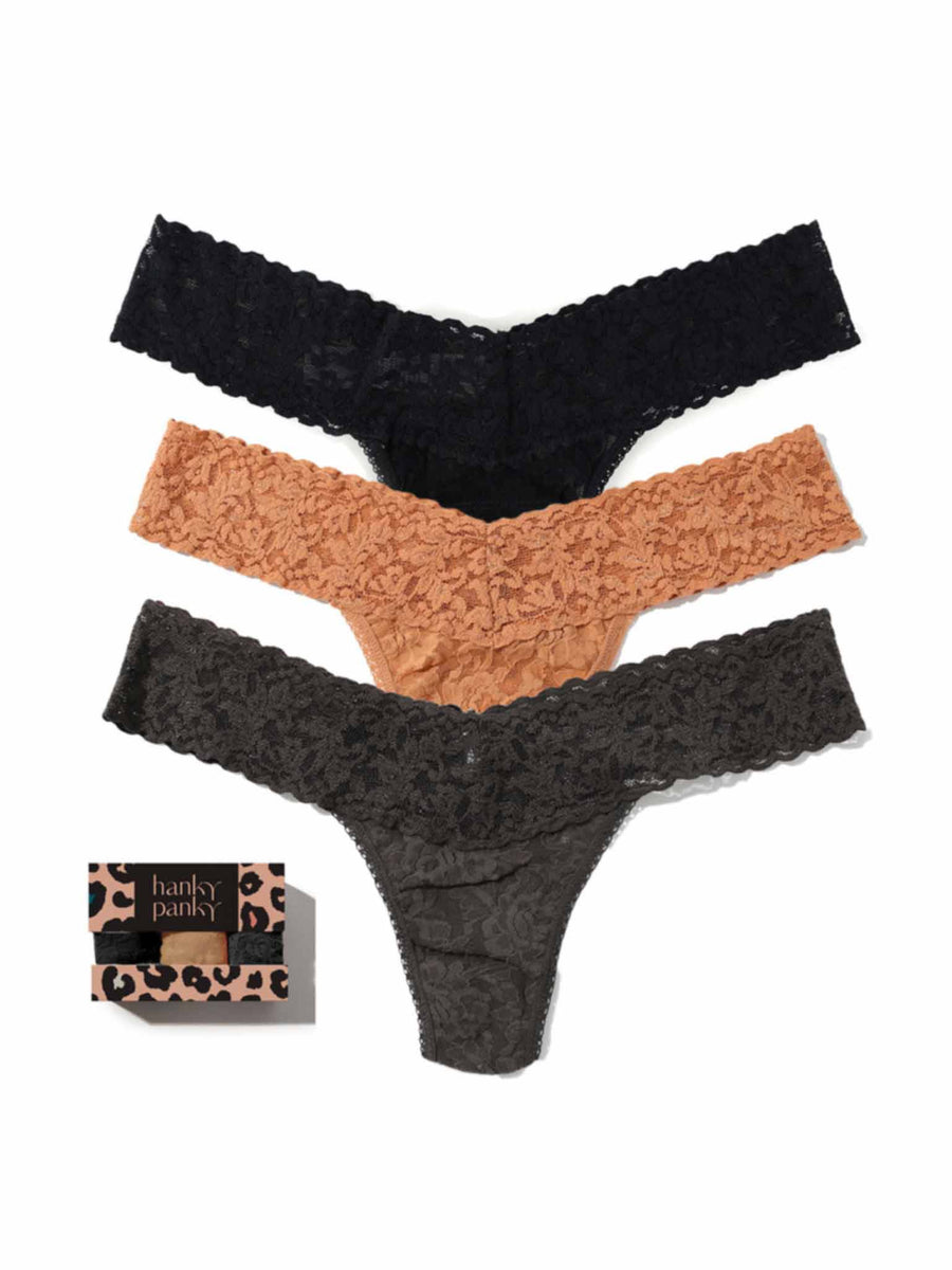 Signature Lace® Low Rise Thongs 3-Pack in Black, Sun Tan & Granite - Flat Lay with Leopard Print Gift Box | Hanky Panky