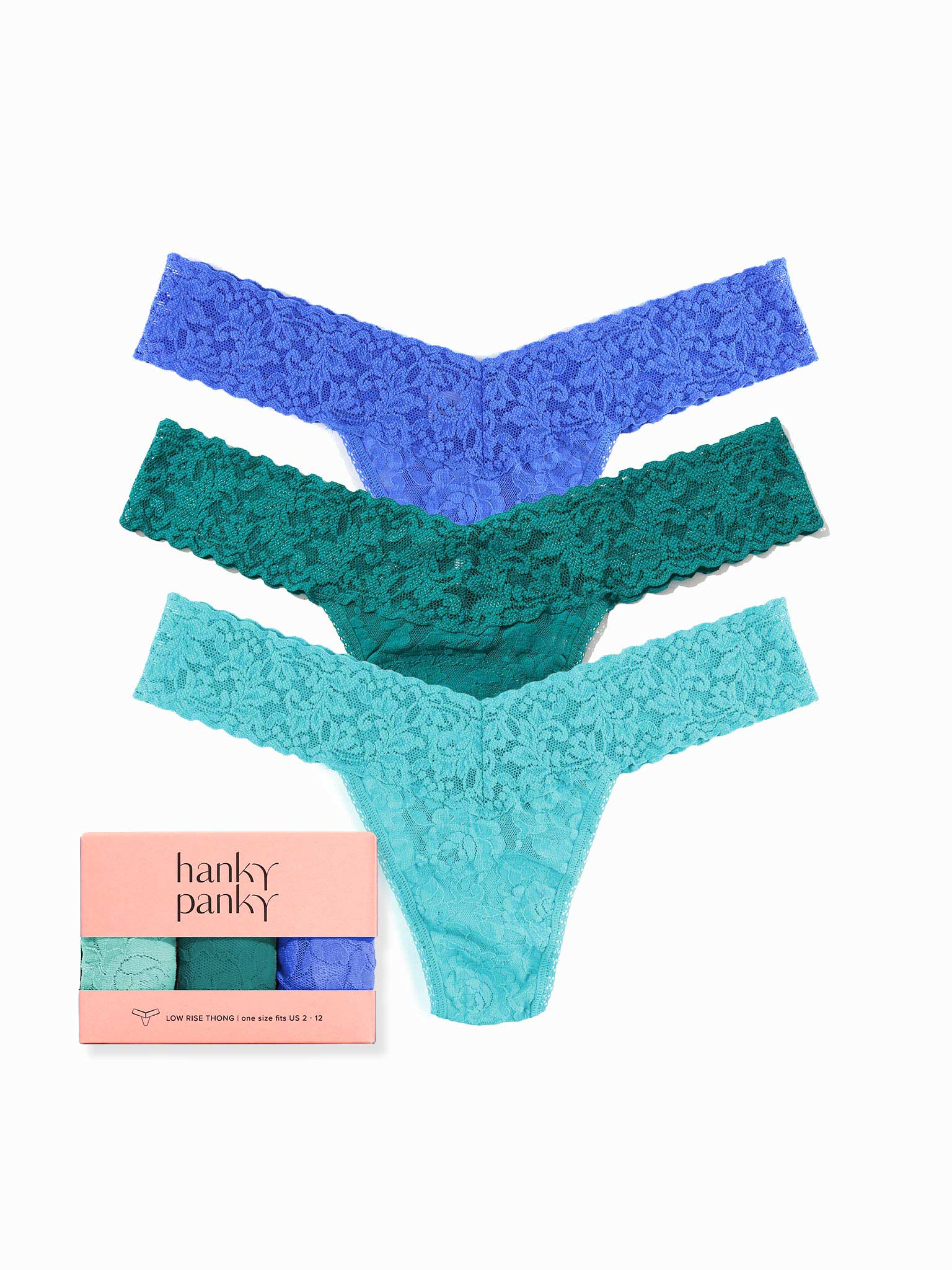 Three pairs of lace underwear in blue, green, and teal with a pink 'hanky panky' box on a white background.