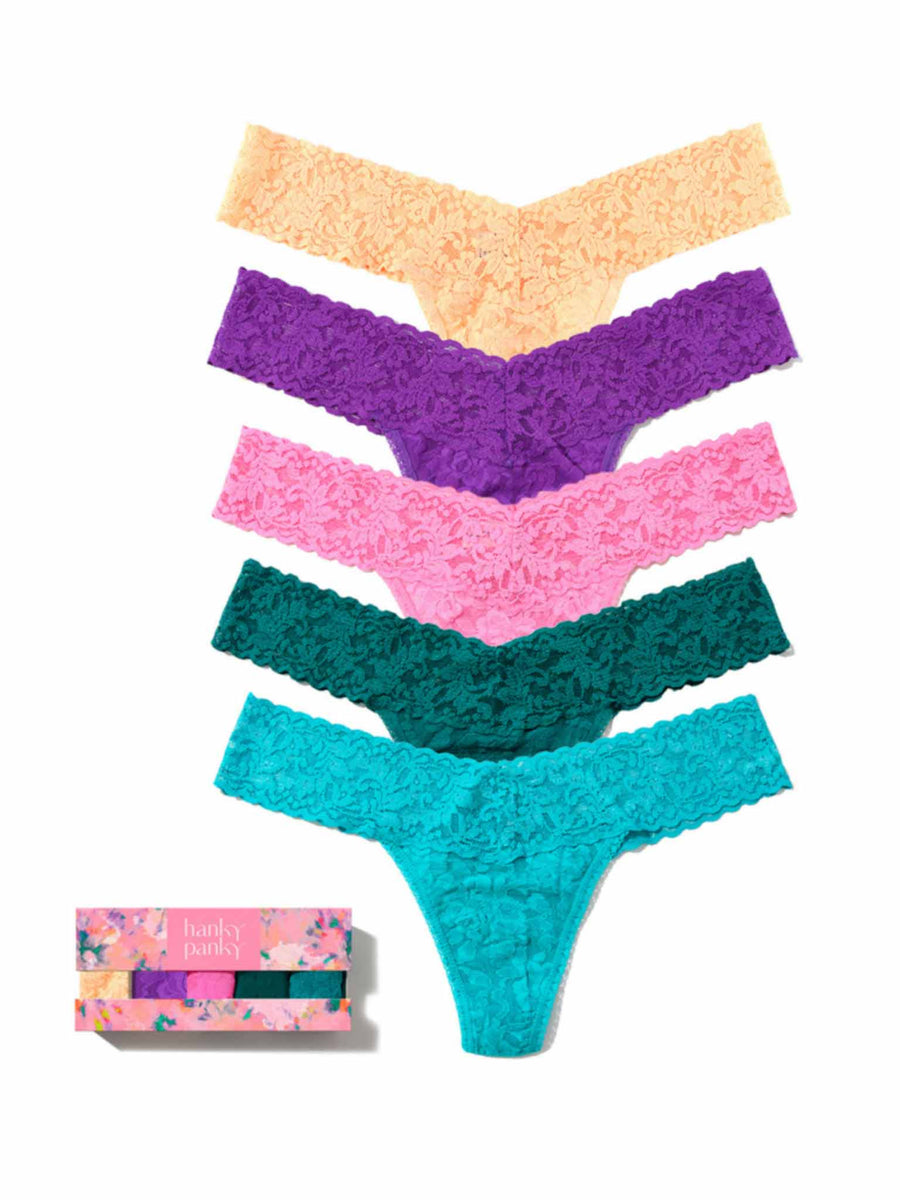 Signature Lace® Low Rise Thong 5-Pack Gift Set, Apricot to Turquoise Multicolor - White Background Flat Lay | Hanky Panky