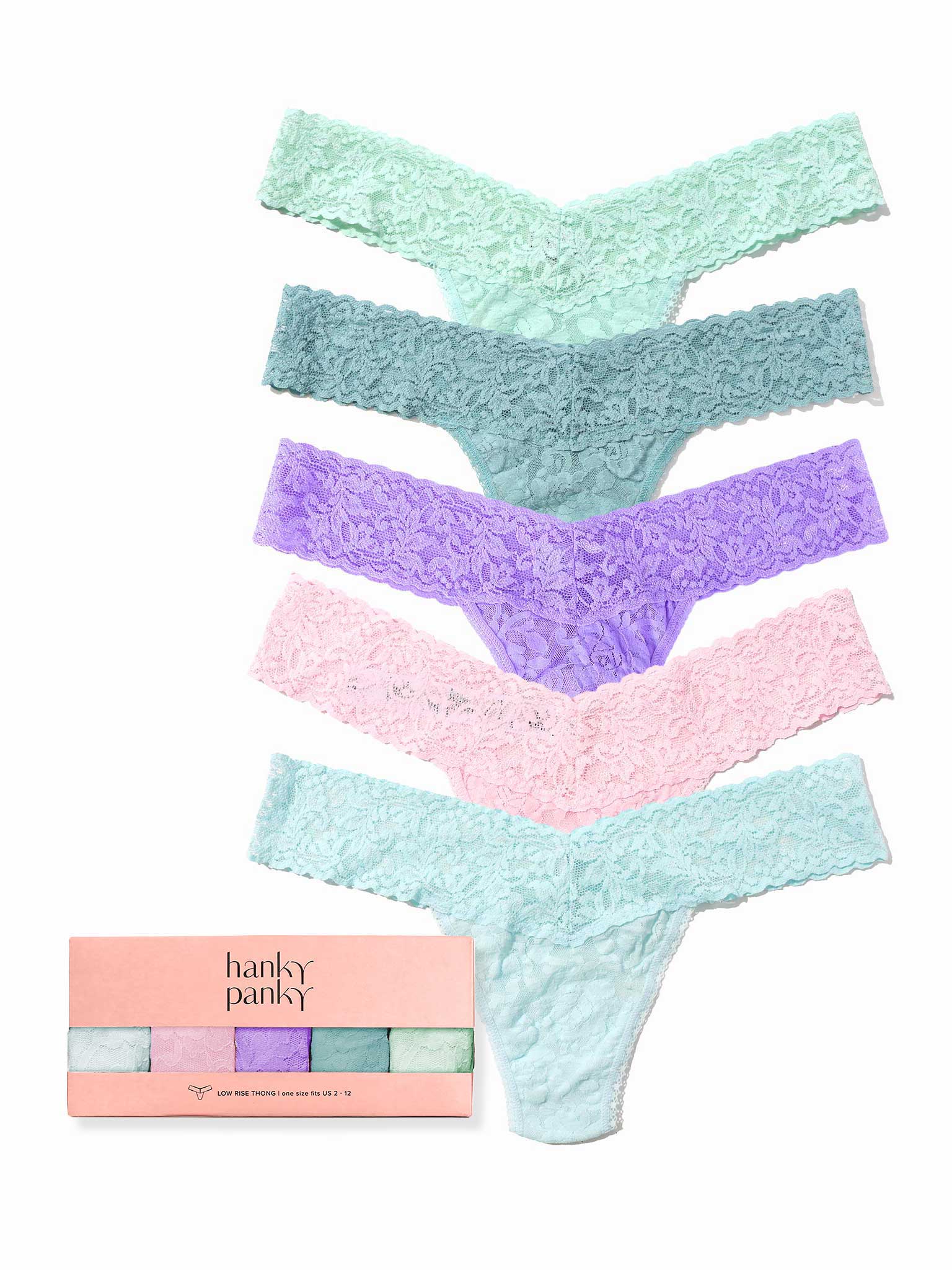 Set of pastel-colored lace panties with a pink packaging box labeled 'hanky panky' on a white background.