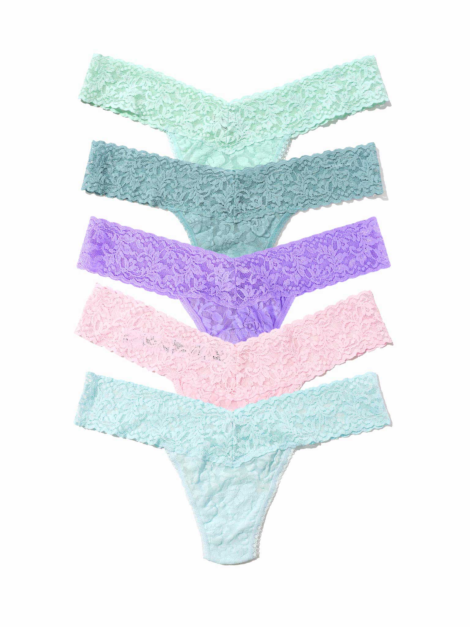 5 pastel lace low rise thongs stacked: pistachio, duck egg, orchid, bliss pink, celeste - Flat Lay | Hanky Panky