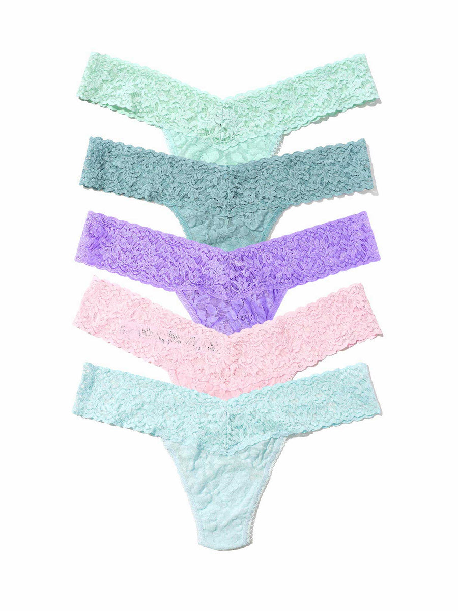 5 pastel lace low rise thongs stacked: pistachio, duck egg, orchid, bliss pink, celeste - Flat Lay | Hanky Panky