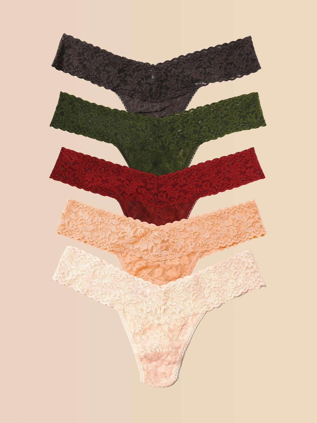 5 Pack Signature Lace® Low Rise Thongs In Printed Box Granite Grey/Woodland Green/Clay Ole Red/Apricot Crush Orange/Vanilla