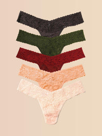 5 Pack Signature Lace® Low Rise Thongs In Printed Box Granite Grey/Woodland Green/Clay Ole Red/Apricot Crush Orange/Vanilla