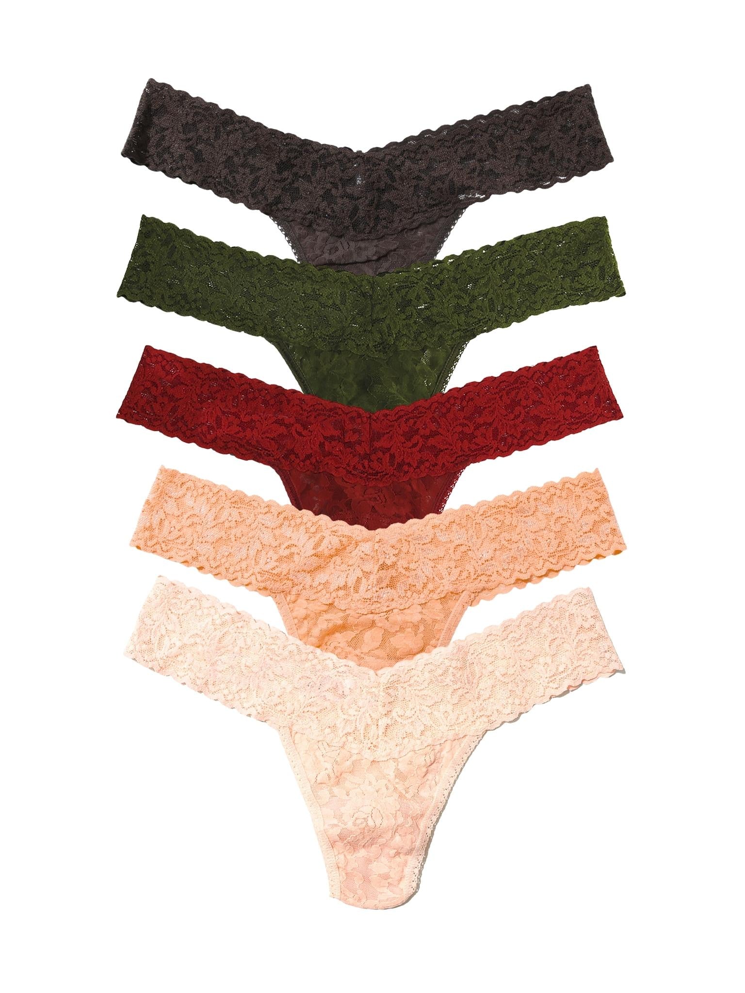 5 Pack Signature Lace® Low Rise Thongs In Printed Box Granite Grey/Woodland Green/Clay Ole Red/Apricot Crush Orange/Vanilla