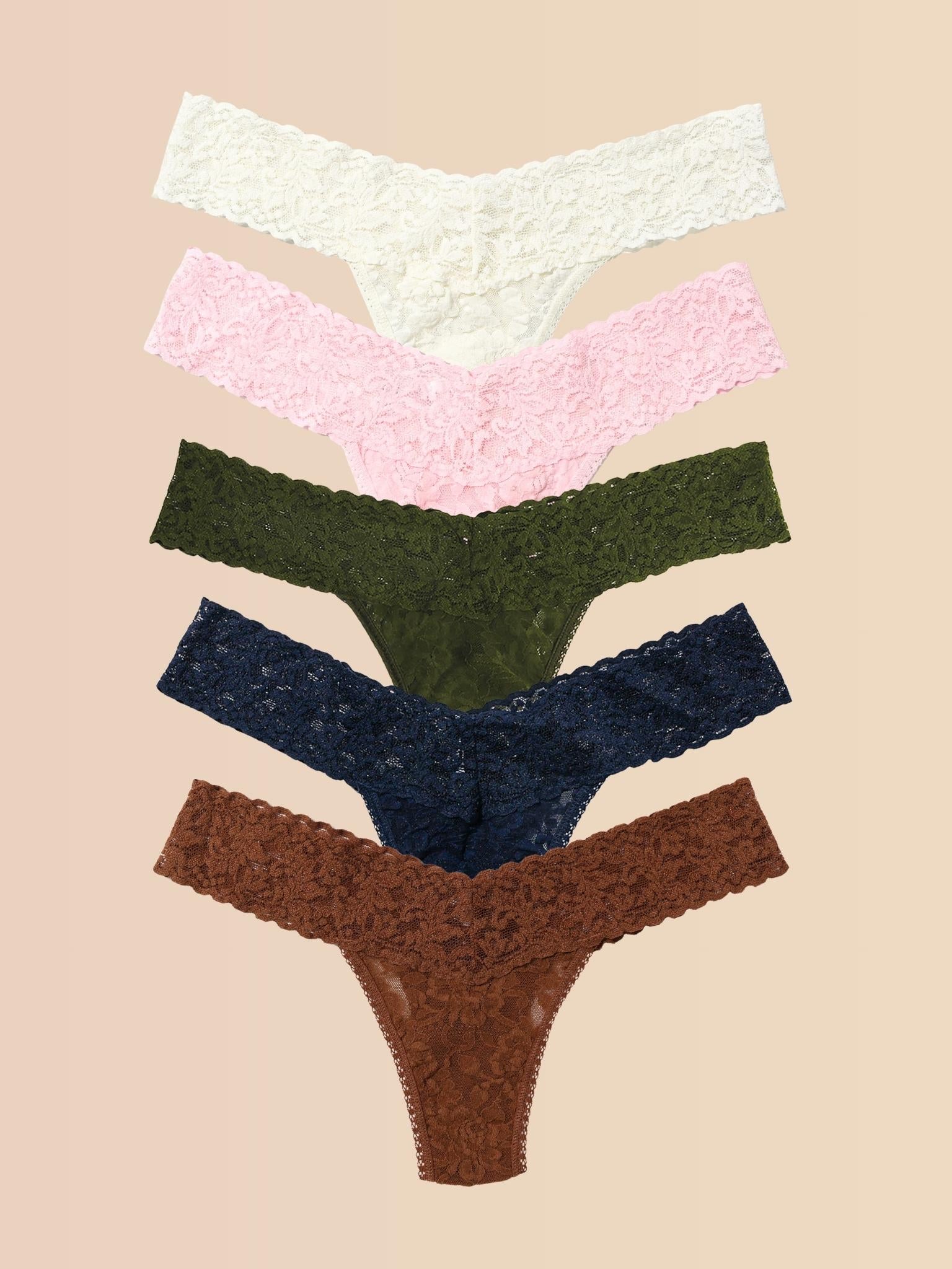 5-Pack Signature Lace® Low Rise Thongs in Marshmallow, Bliss Pink, Olive, Navy & Macchiato - Flat Lay | Hanky Panky