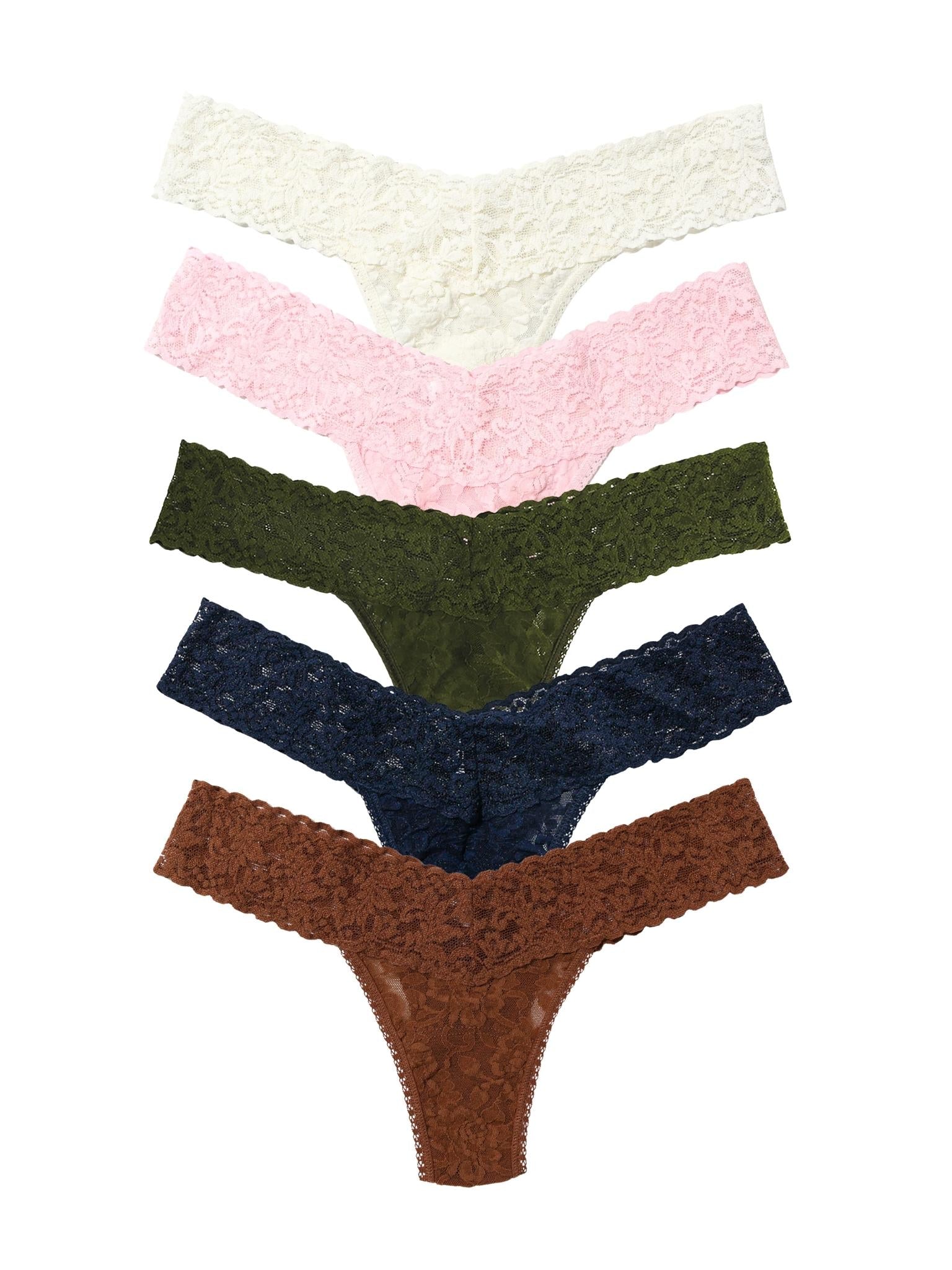 Signature Lace® Low Rise Thong 5-Pack Flat Lay on White - Marshmallow to Macchiato Multipack | Hanky Panky