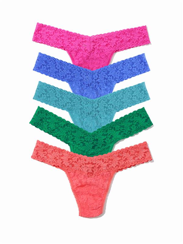 Five colorful lace thongs in pink, sea blue, turquoise blue, green, and coral on a white background.