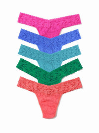 Five colorful lace thongs in pink, sea blue, turquoise blue, green, and coral on a white background.