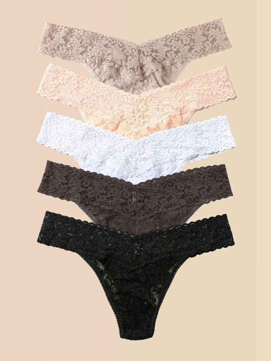5-Pack Signature Lace® Low Rise Thongs in Taupe, Desert Rose, White, Granite & Black - Stacked Flat Lay | Hanky Panky