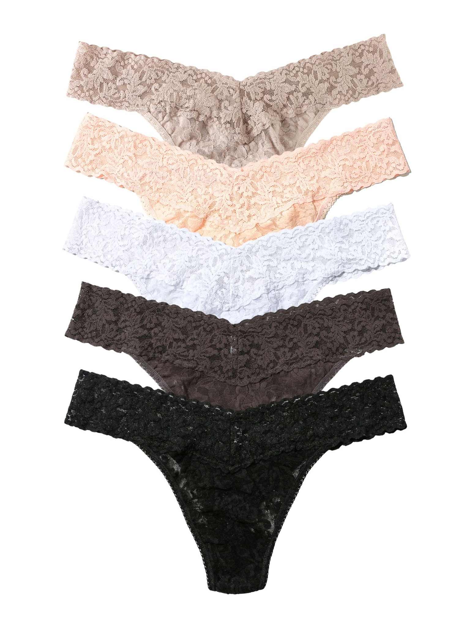 Signature Lace® Low Rise Thong 5-Pack Taupe Desert Rose White Granite Black - White Background Stacked Flat Lay | Hanky Panky