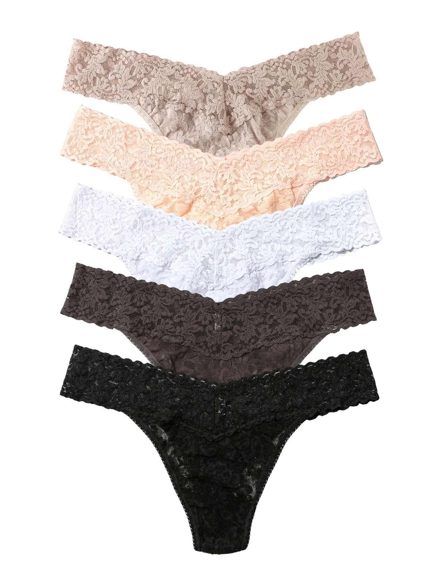 Signature Lace® Low Rise Thong 5-Pack Taupe Desert Rose White Granite Black - White Background Stacked Flat Lay | Hanky Panky