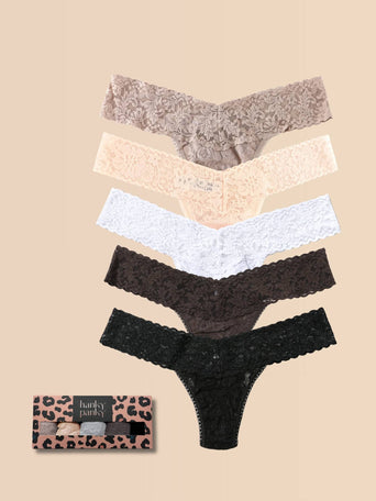 Signature Lace® Low Rise Thong 5-Pack in Taupe, Desert Rose, White, Granite & Black with Cheetah Gift Box - Flat Lay | Hanky Panky