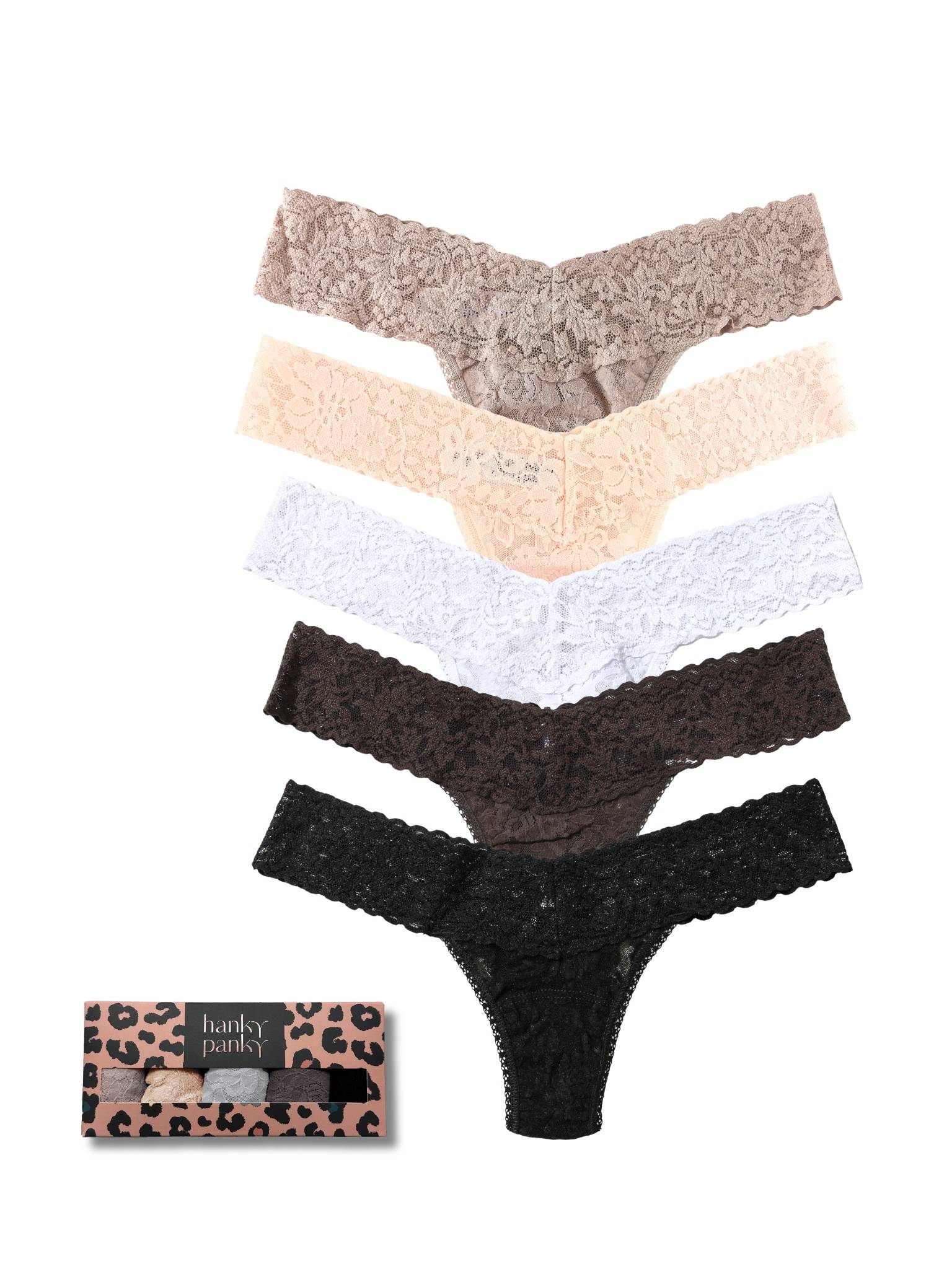 Signature Lace® Low Rise Thong 5-Pack Taupe Desert Rose White Granite Black with Cheetah Gift Box - White Background Flat Lay | Hanky Panky