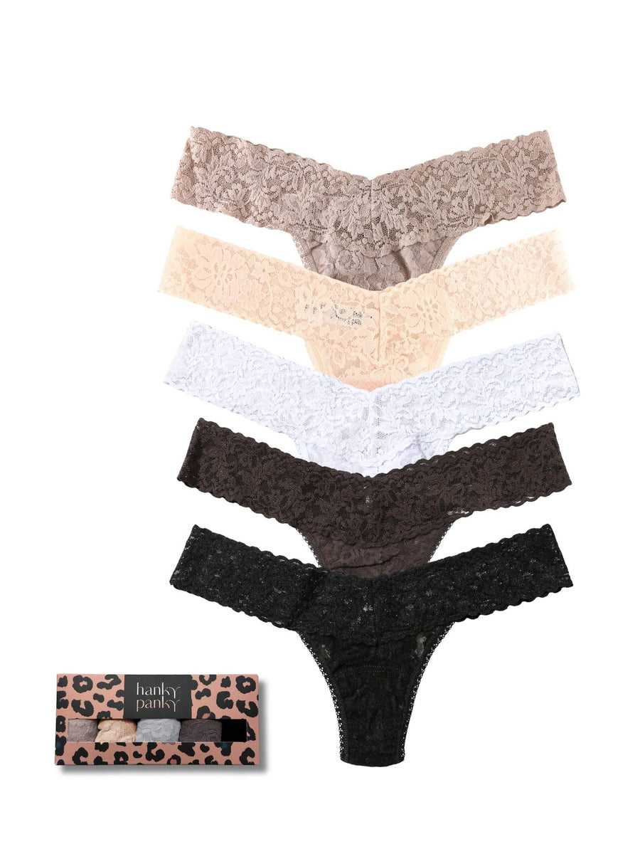 Signature Lace® Low Rise Thong 5-Pack Taupe Desert Rose White Granite Black with Cheetah Gift Box - White Background Flat Lay | Hanky Panky