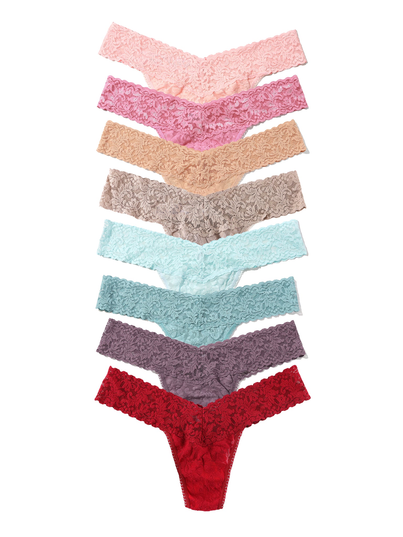 Black Friday Sale - Set of eight signature lace colorful thongs on a white background
