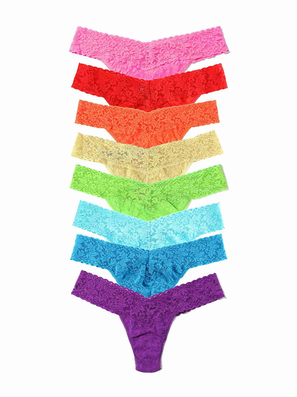 Black Friday Sale - Set of eight colorful signature lace thongs in various colors on a white background