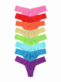 Black Friday Sale - Set of eight colorful signature lace thongs in various colors on a white background