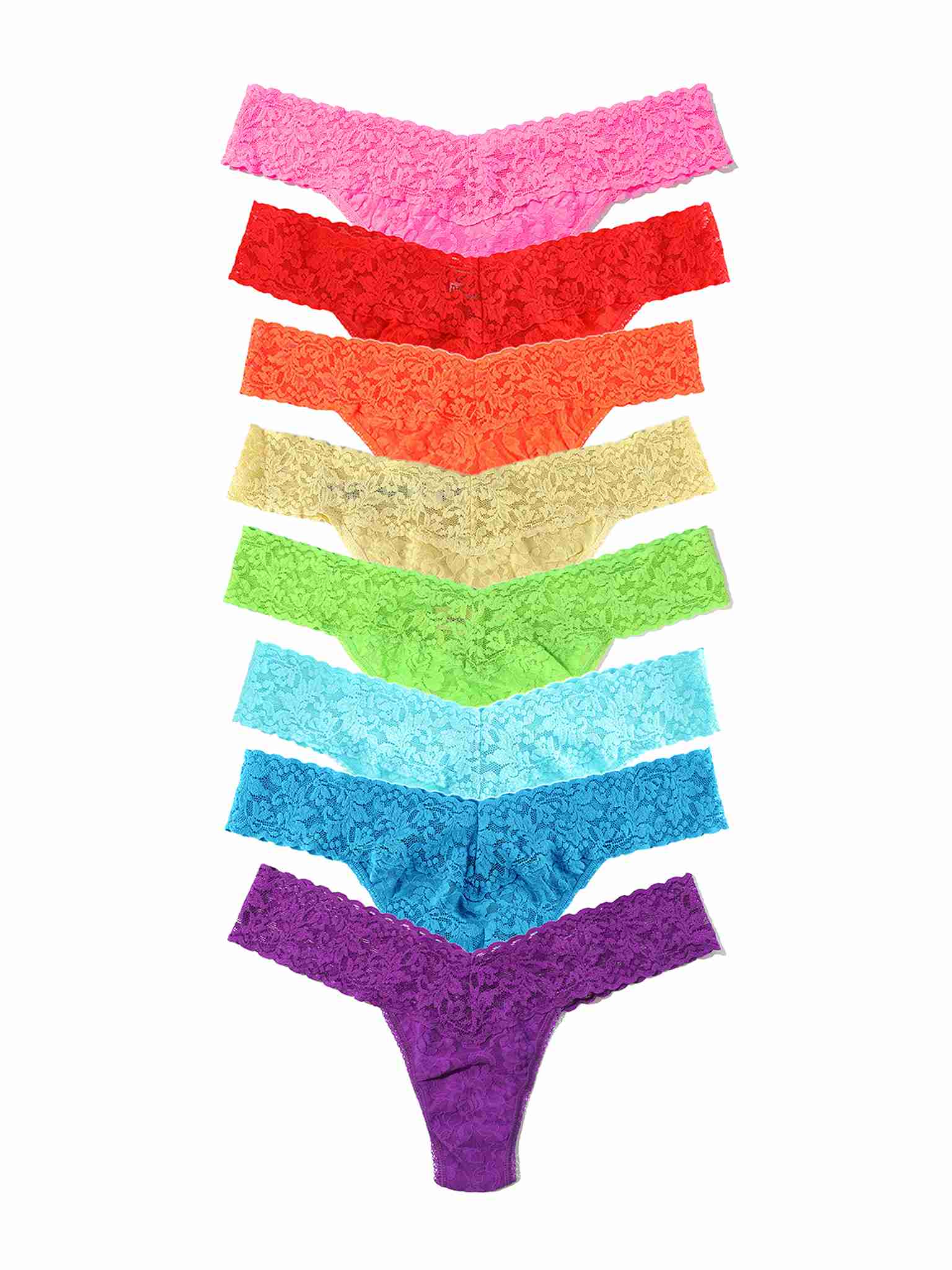 Black Friday Sale - Set of eight colorful signature lace thongs in various colors on a white background