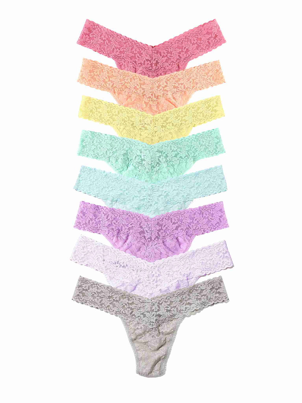 Black Friday Sale - Set of eight colorful signature lace thongs arranged in a pyramid formation on a white background.