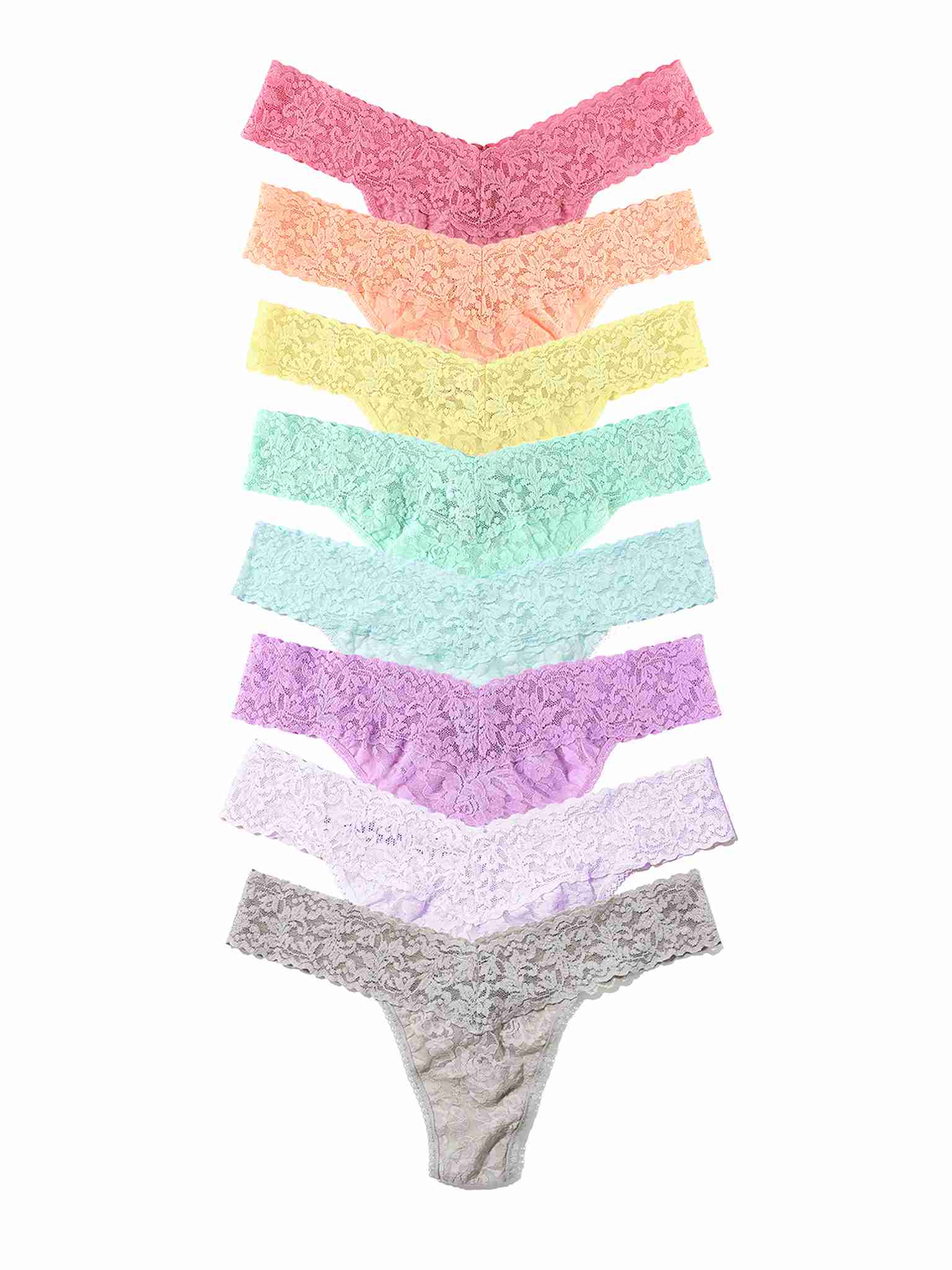 Black Friday Sale - Set of eight colorful signature lace thongs arranged in a pyramid formation on a white background.