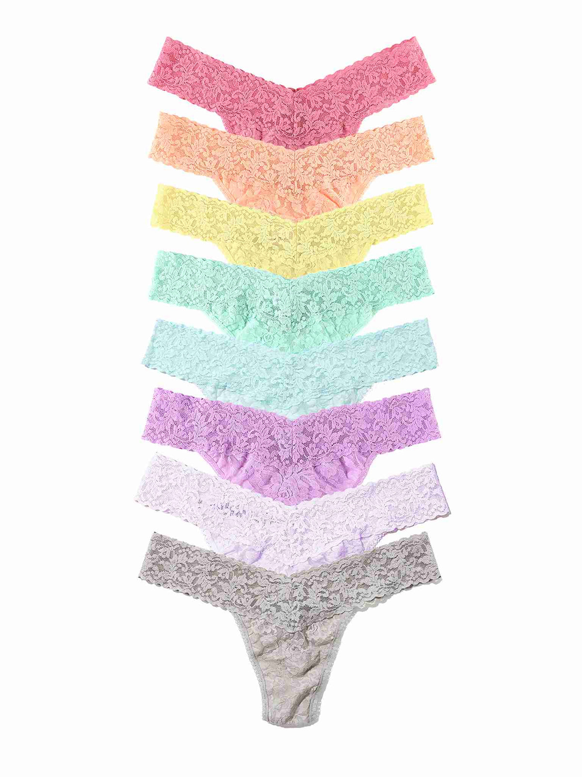 Black Friday Sale - Set of eight colorful signature lace thongs arranged in a pyramid formation on a white background.