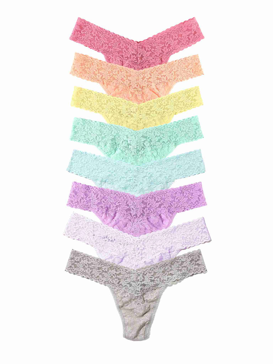 Black Friday Sale - Set of eight colorful signature lace thongs arranged in a pyramid formation on a white background.