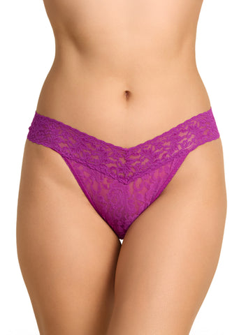 Boysenberry Purple Signature Lace® Low Rise Thong - Front View, V-waist lace thong on model | Hanky Panky