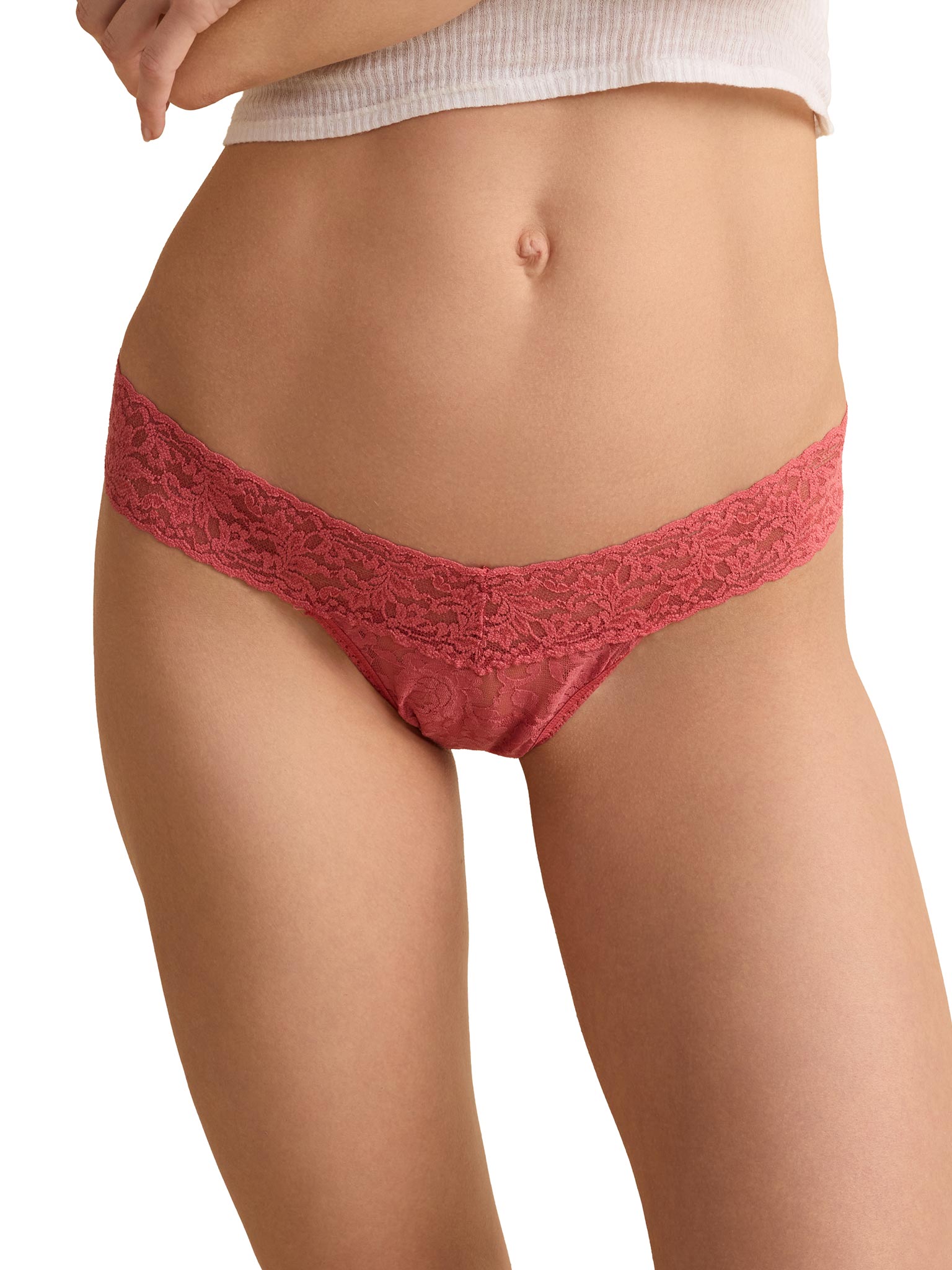 Naples Red Signature Lace® Low Rise Thong - Front View On Model, No VPL Lace Thong, White Background | Hanky Panky