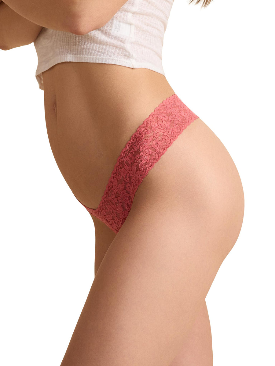 Naples Red Signature Lace® Low Rise Thong - Side Profile On Model, Stretch Lace Waistband Detail, White Background | Hanky Panky