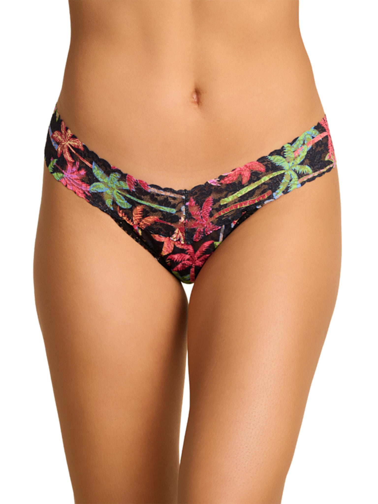 Mixed Palms Signature Lace® Low Rise Thong - Front View White Background, Tropical Palm Lace Thong | Hanky Panky