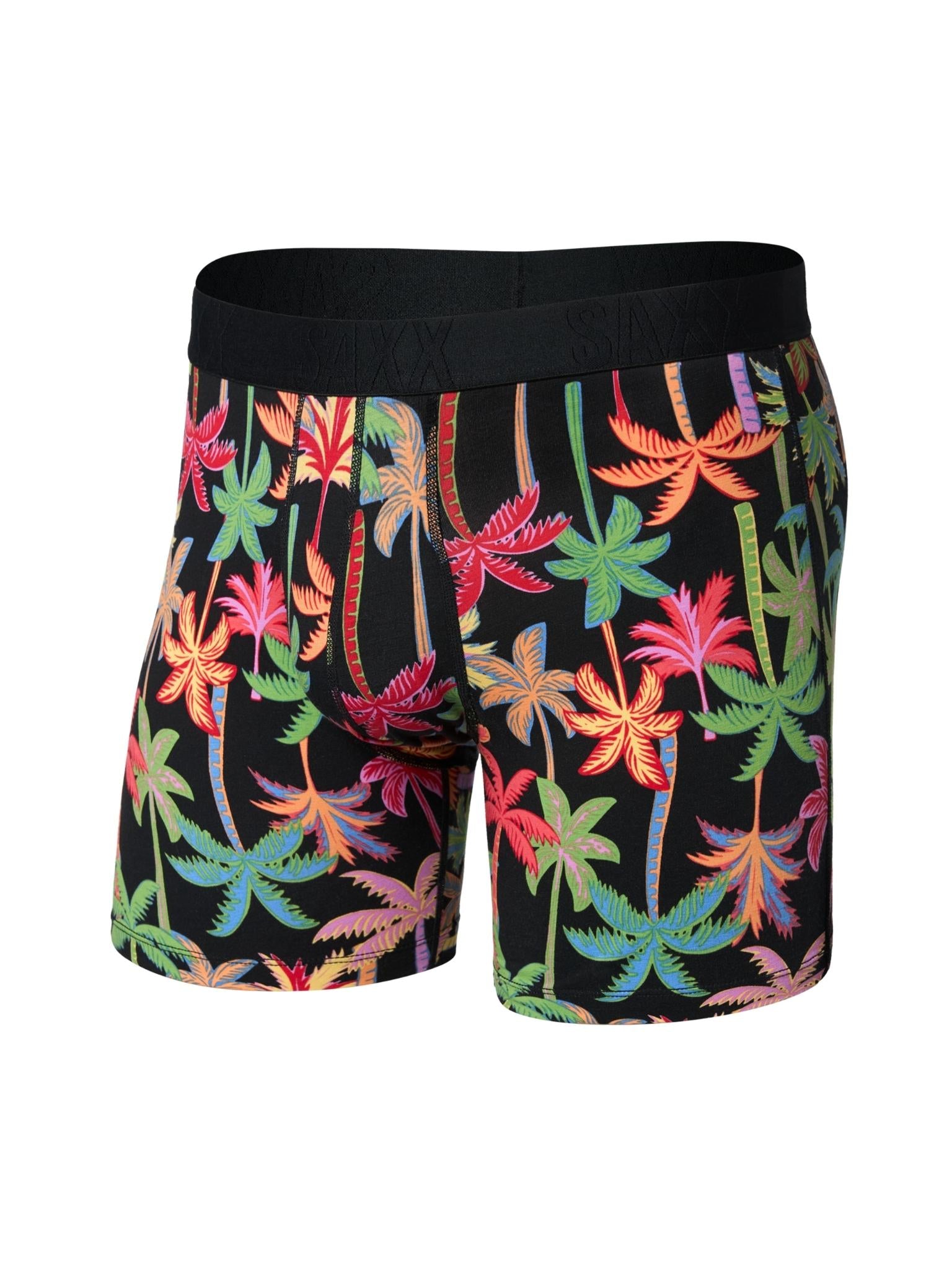 Mixed Palms SAXX Boxer Brief Black Tropical Palm Print - Flat Lay, SAXX Logo Waistband | Hanky Panky