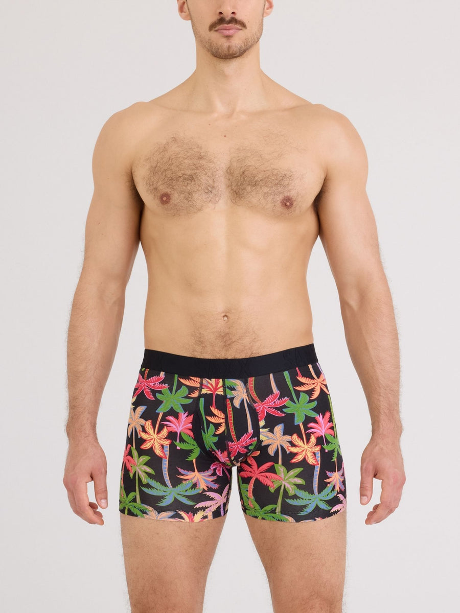 Mixed Palms SAXX Drop Temp Cooling Cotton Boxer Brief - Front View On Model, Tropical Palm Print | Hanky Panky